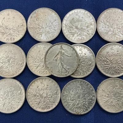 Thirteen French 83.5% Silver 5 Franc Coins (C42)
