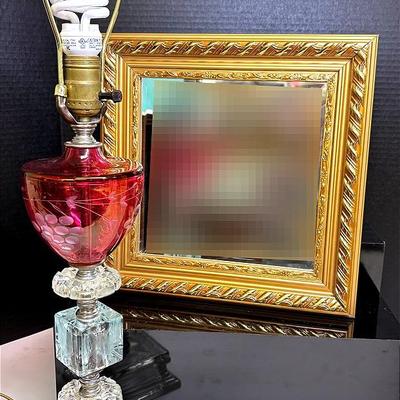 Ruby Red Table Lamp and Gold Decor Mirror 