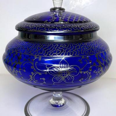 Pairpoint Silver-Overlay Art Glass Covered Compote 