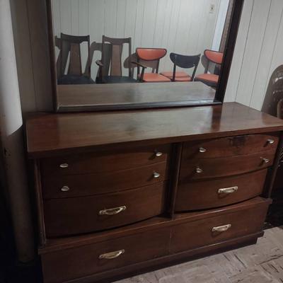 Vintage Wood Dresser And Mirror 