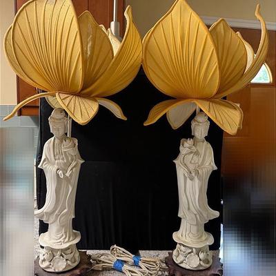 Porcelain  Quan Yin Lamps With Lotus Shades