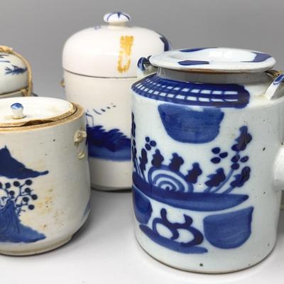 Vintage Chinese Teapot And Three Tea Caddies