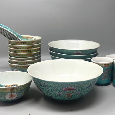Chinese Turquoise Ground Famille Rose Bowls & Tera Cups