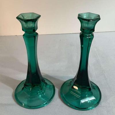 Green Glass Candle Holders 