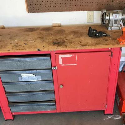 Tall Storage Cabinet With Grinder And Vice Attached Plus Contents