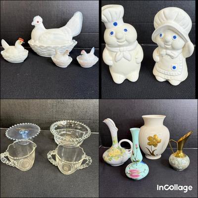 Mixed Glassware Lot Milk Glass Hens, Imperial Glass And More 