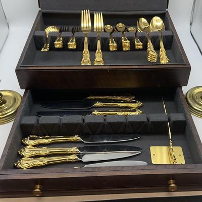 Towle Supreme 51 Piece Gold Cutlery, And Virginia Metal Crafters Brass Candlesticks