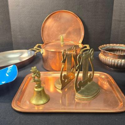 Copper Dishes, Brass Bookends & Bell, Gorham Bowl
