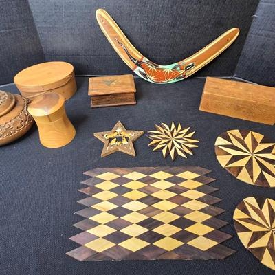 Handmade & Vintage Wood Art, Shakers Box, Boomerang 