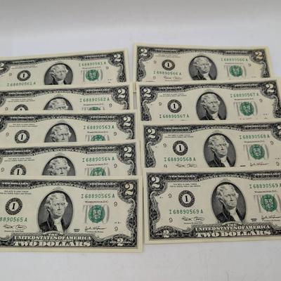 Nine Unc. 2003 $2 Bills W/ Consecutive Serial Numbers 