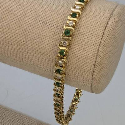 14K Gold Tennis Bracelet W/ Diamonds & Emeralds
