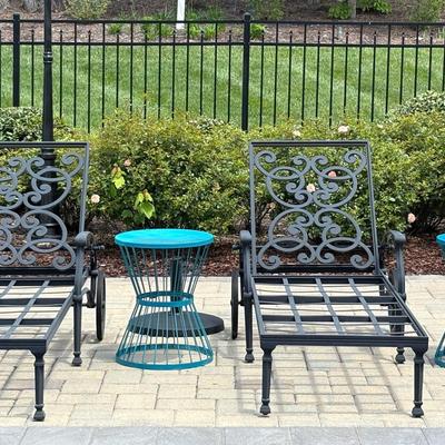 Two Cast Aluminum Lounge Chairs, Hourglass Patio Accent Tables 