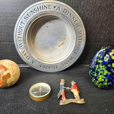 Glass Egg, Alabaster Ball, German Compass +