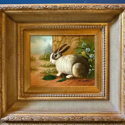 Vintage rabbit oil painting signed C. Gerald