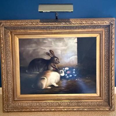 Vintage signed rabbit oil painting
