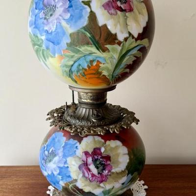 Antique hand painted electrified oil lamp