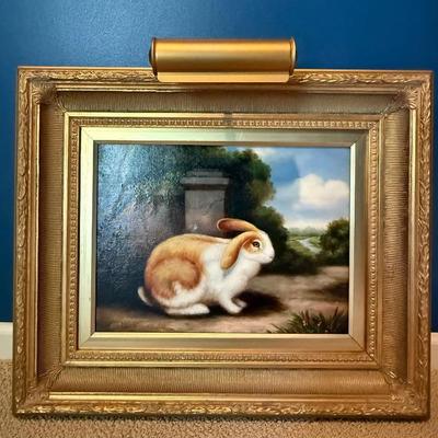 Vintage signed rabbit oil painting 