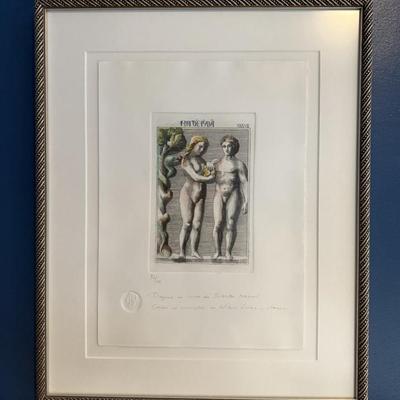 Italian watercolor Adam and Eve being tempted