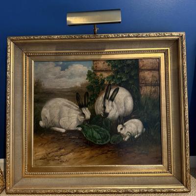 Antique rabbits eating lettuce oil painting signed C. Burenson