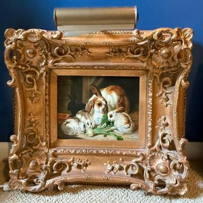 Antique "Rabbits in an interior" by John Herring oil painting reproduction by E. Bennett