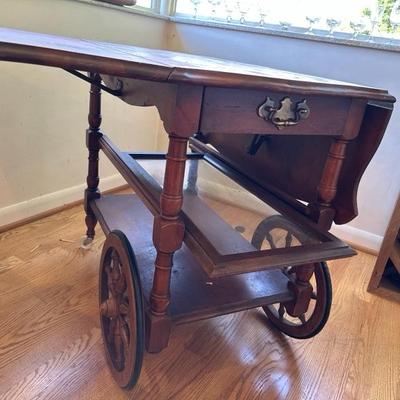 Vintage teacart table with large rolling wheels and drawer - drop leaf style with glass pull out shelf