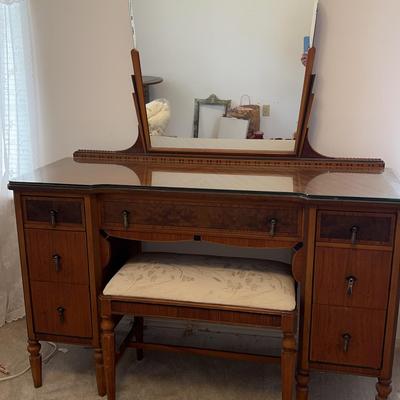 Mid Century Modern Dressing Table 48” Wide X 18” Deep X 65 1/2” Tall With Padded Bench