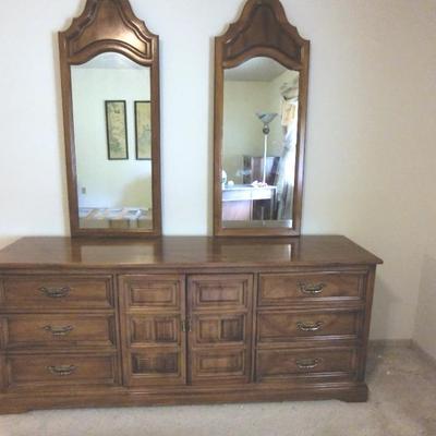 Wood Dresser with Dual Mirrors and Multiple Drawers