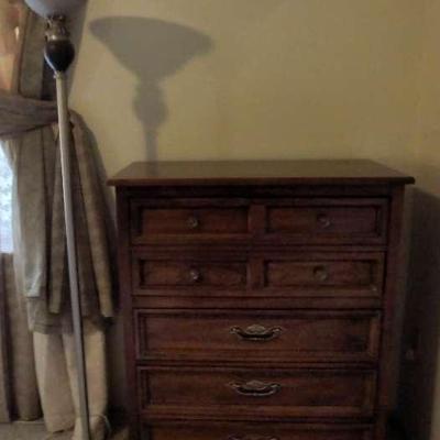 Tall Wooden Chest of Drawers and Floor Lamp