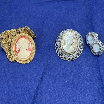 Vintage Necklace, Brooch, And Earrings With Woman Face