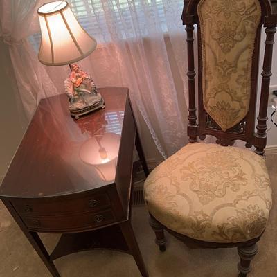 Victorian Upholstered Side Chair, Demilune Side Table, and Figurine Lamp