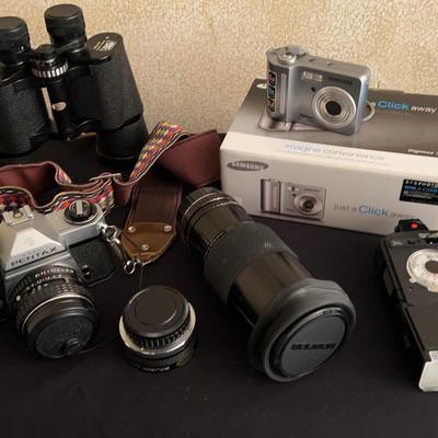 Pentax KM Camera With 3 Lenses And Flash, Binoculars And Samsung Digimax Camera