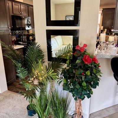 Faux Tropical Plant Collection (4) + Black Framed Square Wall Mirrors	