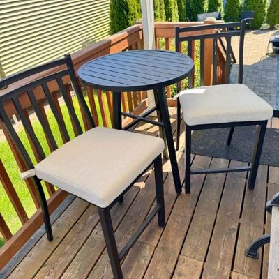 Outdoor Bar Table Set w/ 2 Cushioned Chairs – Black Metal Frame	