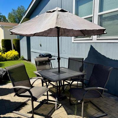 5-Piece Patio Set w/ Rocking Mesh Chairs, Tile-Top Table & Umbrella	
