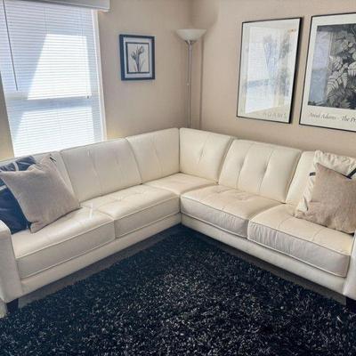 Large White Leather Sectional Sofa – 94” x 90” w/ Pillows	