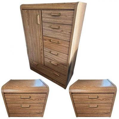 Tallboy Dresser w/ Cabinet + 2 Matching Nightstands, Light Wood Finish	