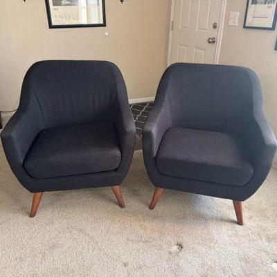 Pair of MCM-Style Black Lounge Chairs – 28.5” Wide, Tapered Wood Legs	