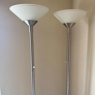 Pair of 72" Torchiere Floor Lamps - Brushed Metal, Frosted Glass	