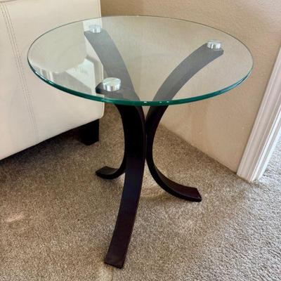 Round Glass Side Table w/ Curved Espresso Bentwood Base	