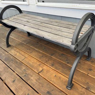 Vintage Style Outdoor Wooden Bench w/ Curved Metal Scroll Arms	