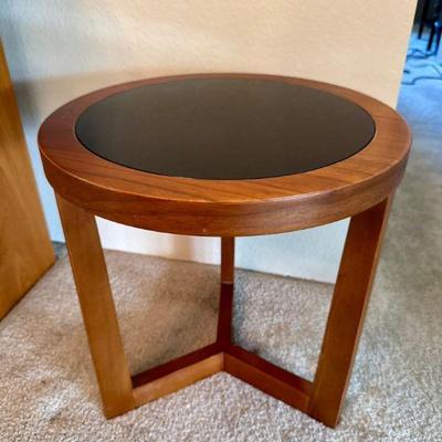 Round Black Side Table – Wood Frame w/ Glass Top & Triangular Base	