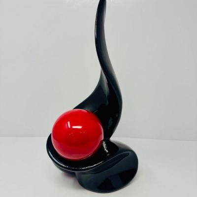 Abstract Ceramic Sculpture – Black Form w/ Red Orb, 14.5” Tall	