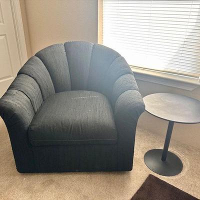 Vintage Upholstered Swivel Barrel Chair + Round Pedestal Side Table	
