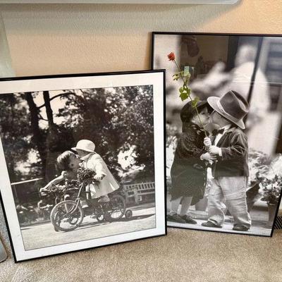 2 Large Framed Prints – Vintage Kids Kissing Photos, B&W	