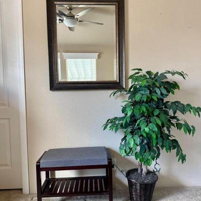Entryway Set: Framed Wall Mirror, Ficus Tree, & Bench w/ Padded Seat	
