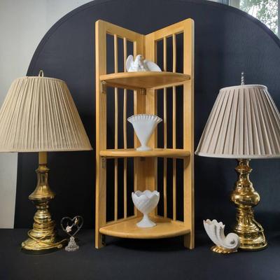 Brass Lamps, Milk Glass, & Plant Stand 
