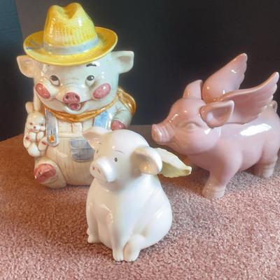 Farmer Pig Cookie Jar & 2 Ceramic Winged Pigs