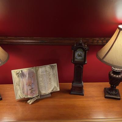 Pair Of Table Lamps, Mini Grandfather Clock & Book Decor