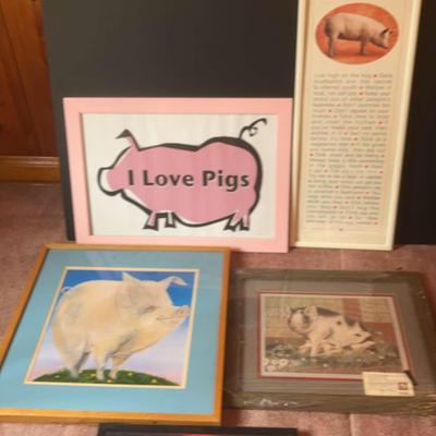 5 Assorted Pig Prints & Lighted Sign