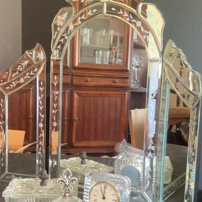 Etched Table Top Tryptic Mirror With Vanity Accessories
